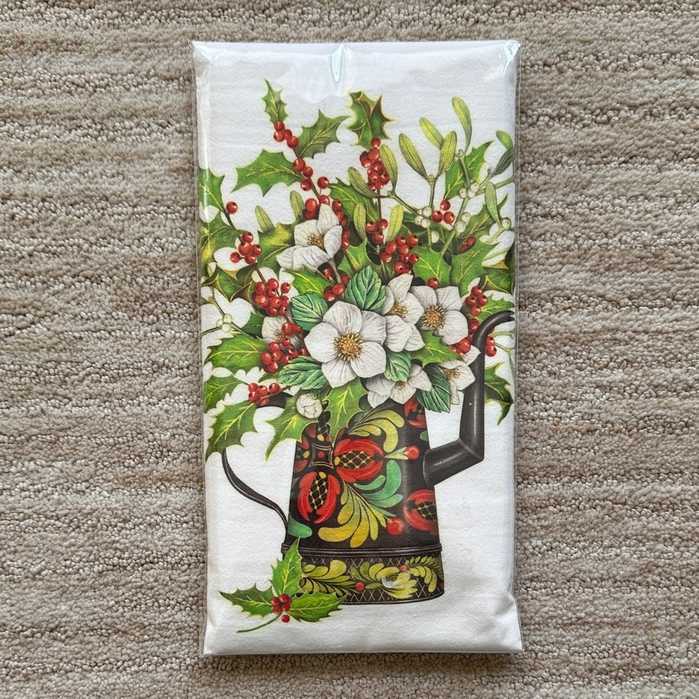 Mary Lake-Thompson Kitchen Flour Sack Dish Towel Holly Berries Watering Can